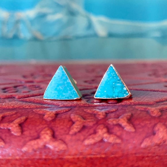 Genuine Turquoise 14k Plated Gold Triangle Studs - Picture 4 of 8